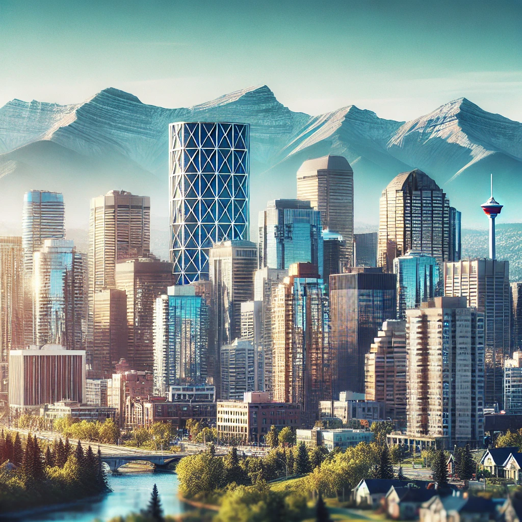 Scenic view of the Calgary skyline with mountains in the background, representing the city where our mobile estate services are offered.