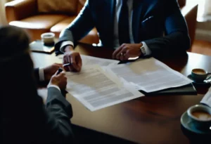 Our will lawyer Calgary reviewing will documents with a client at their kitchen table.