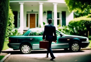 Wills and estates lawyer in Calgary carrying a briefcase as he walks toward a client’s home for an on-site consultation.