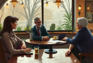 Estate lawyer in Calgary reviewing enduring power of attorney with a seated client at their favorite coffee shop.